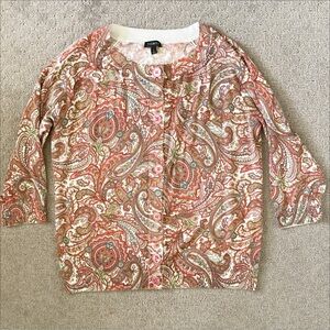TALBOTS coral paisley print cardigan, Sz Large.